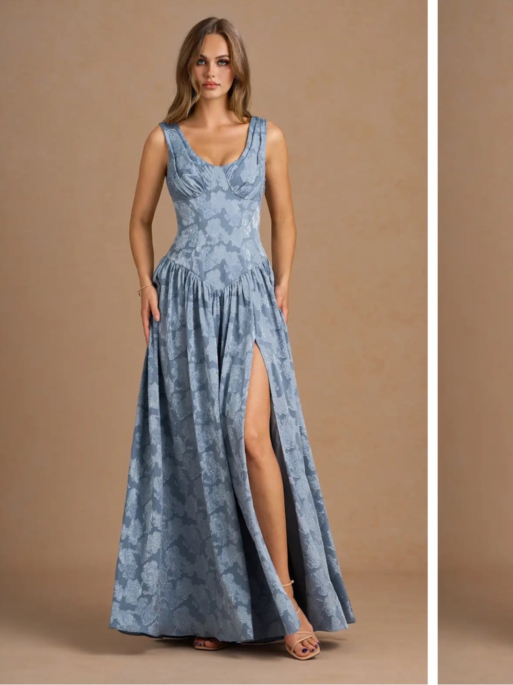 Azazie Light Blue Floral Jacquard Sleeveless Maxi Dress with Side Slit